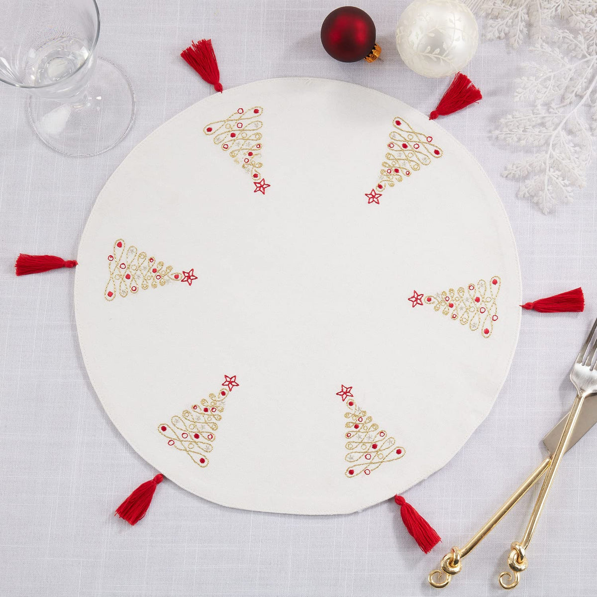 Embroidered Christmas Trees Design Placemats with Tassel 14" Round