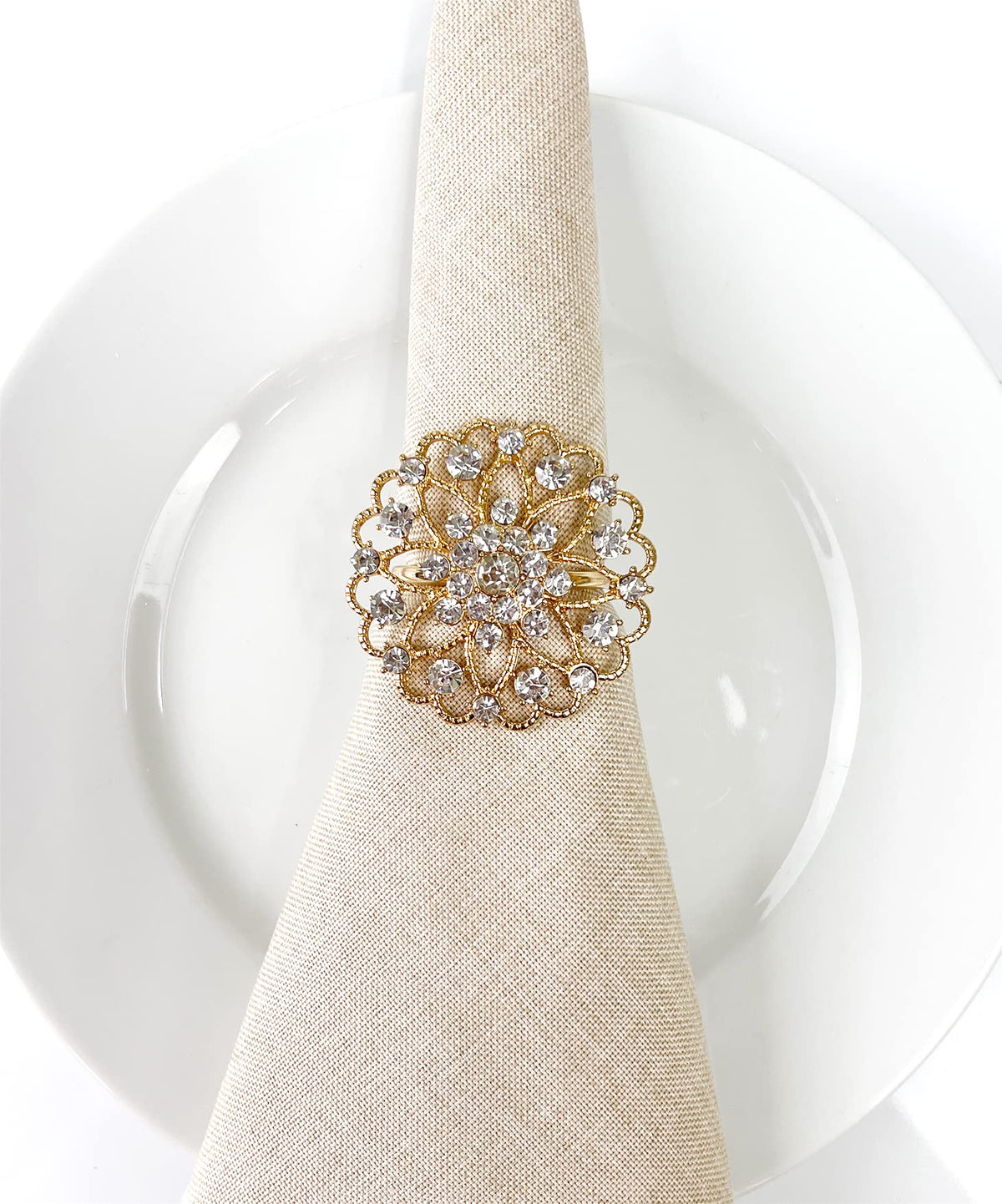 Fennco Styles Rhinestone Crystal Flower Napkin Rings Wedding Holiday Table Decoration - Set of 4