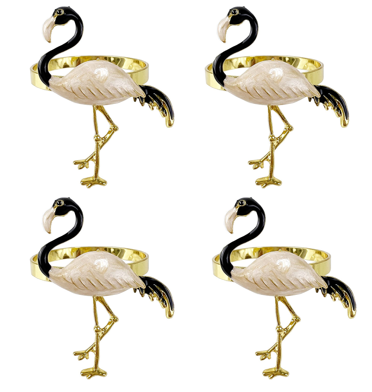 Fennco Styles Enamel Glazed Flamingo Metal Napkin Rings, Set of 4 - Beige Decorative Napkin Holders for Home, Dining Room, Banquets, Family Gatherings, Holidays and Special Occasions