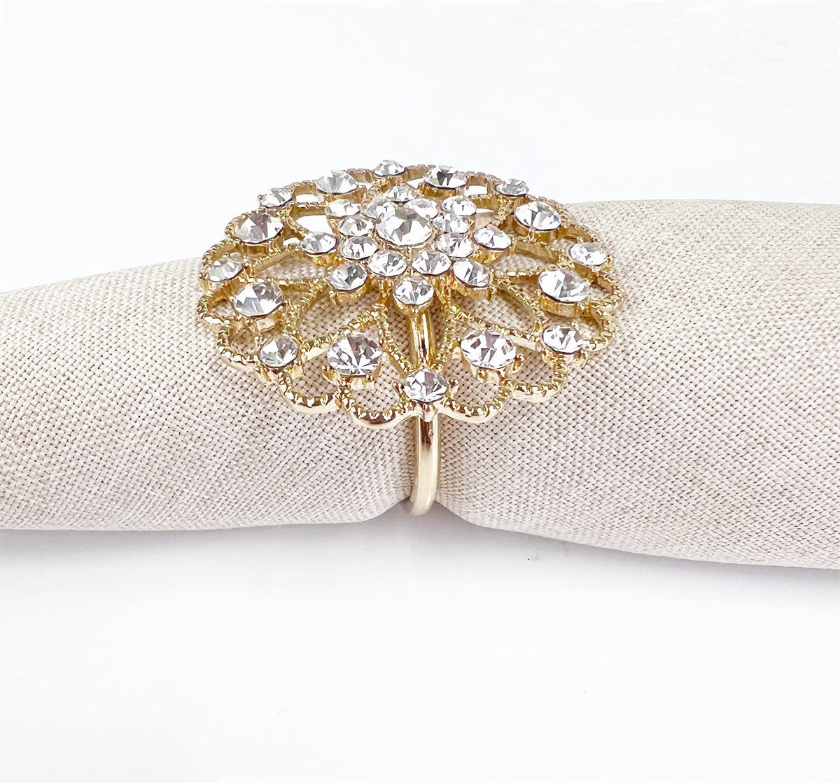 Fennco Styles Rhinestone Crystal Flower Napkin Rings Wedding Holiday Table Decoration - Set of 4