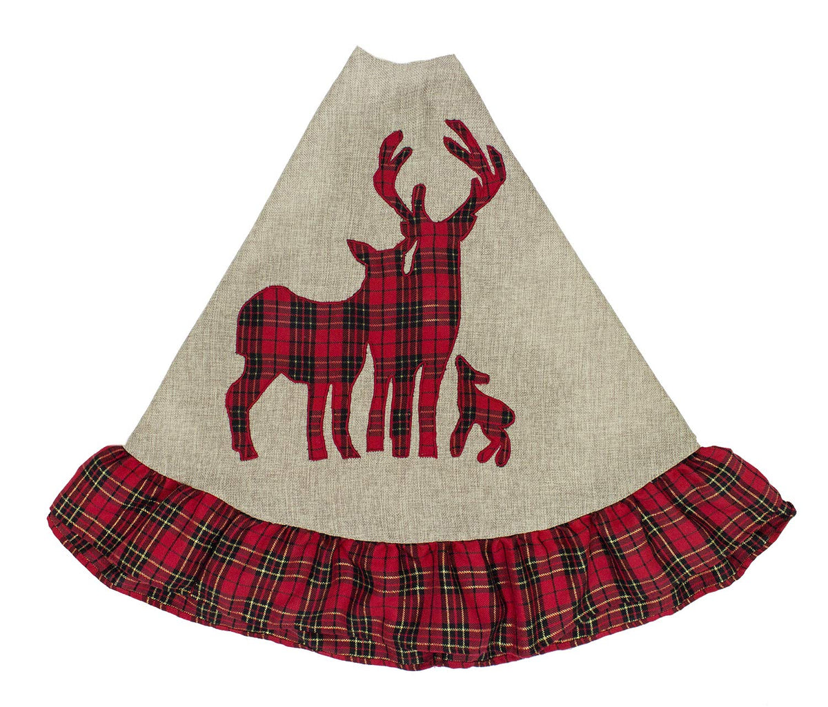 Holiday Deer Family Tartan Plaid Ruffle Christmas Tree Skirt
