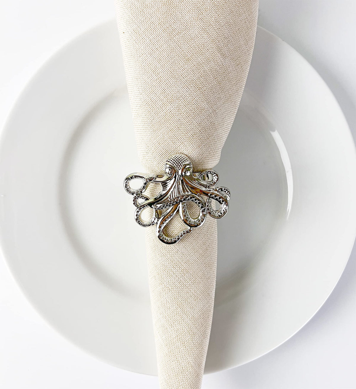 Fennco Styles Coastal Octopus Metal Napkin Rings, Set of 4 - Gold Nautical Napkin Holders for Home Décor, Dining Table, Banquets, Family Gathering and Special Occasions