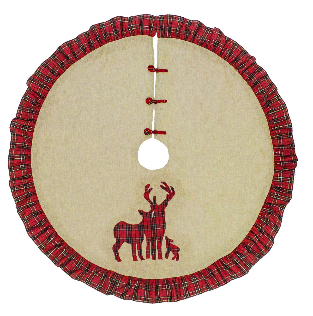 Holiday Deer Family Tartan Plaid Ruffle Christmas Tree Skirt