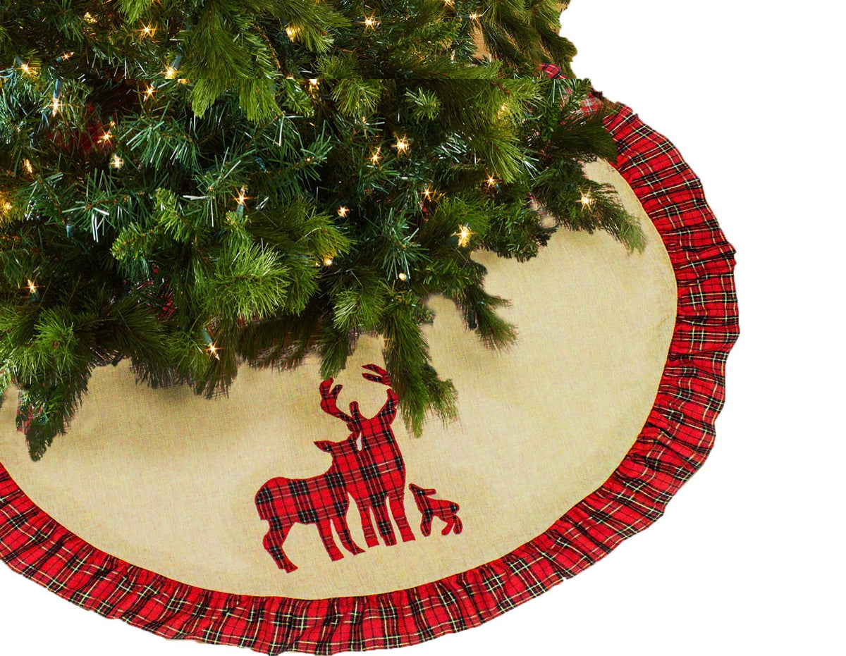 Holiday Deer Family Tartan Plaid Ruffle Christmas Tree Skirt