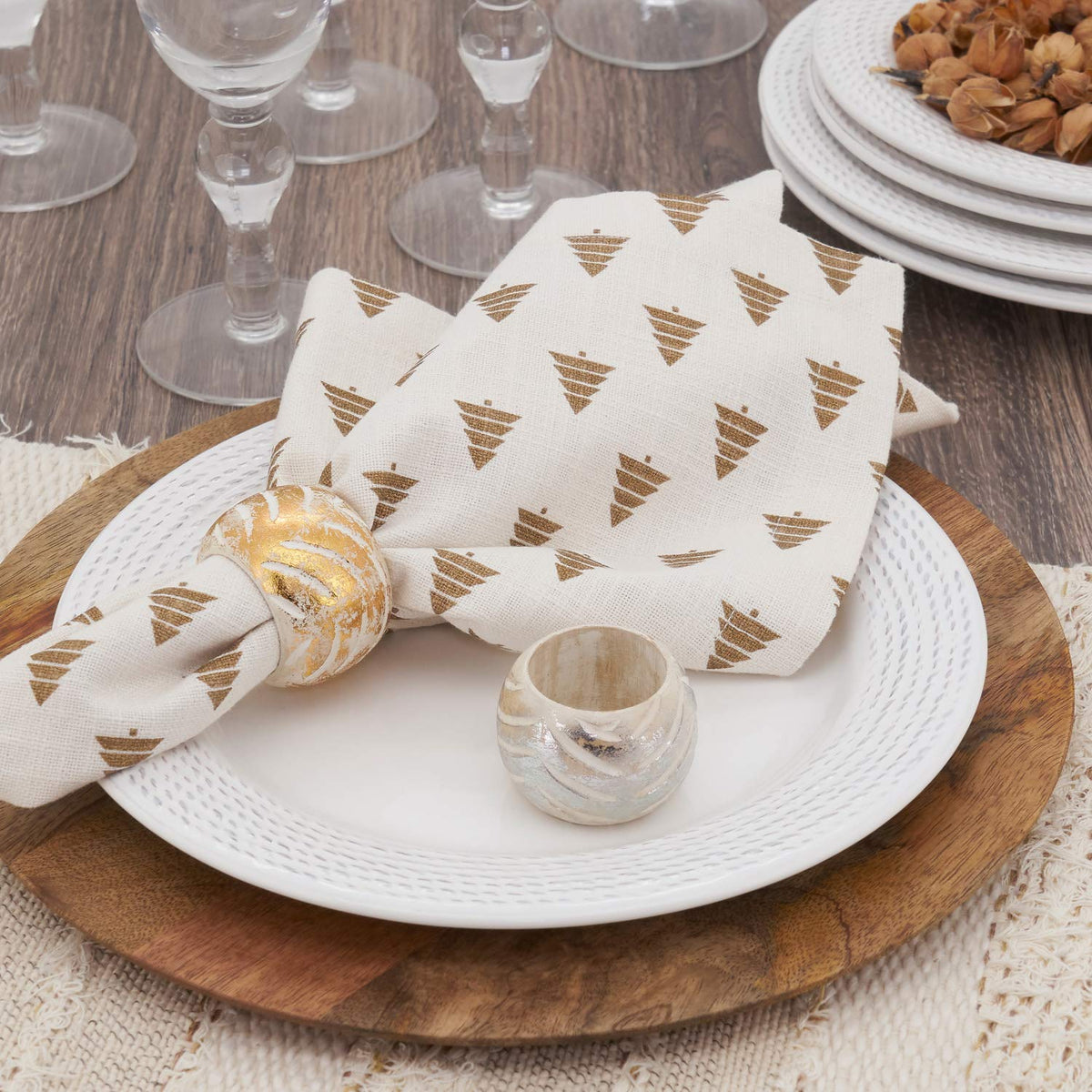 Distressed Foil Print Design Wood Napkin Rings
