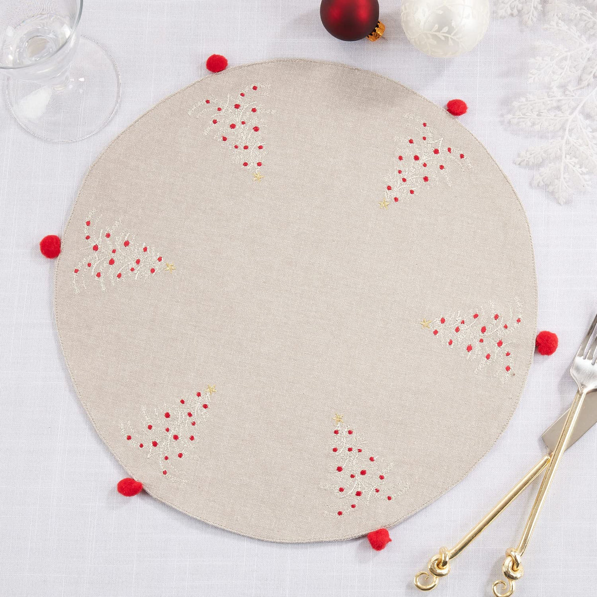 Embroidered Christmas Trees Design Placemats with Tassel 14" Round