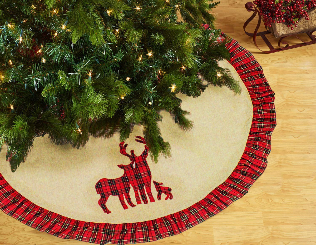 Holiday Deer Family Tartan Plaid Ruffle Christmas Tree Skirt