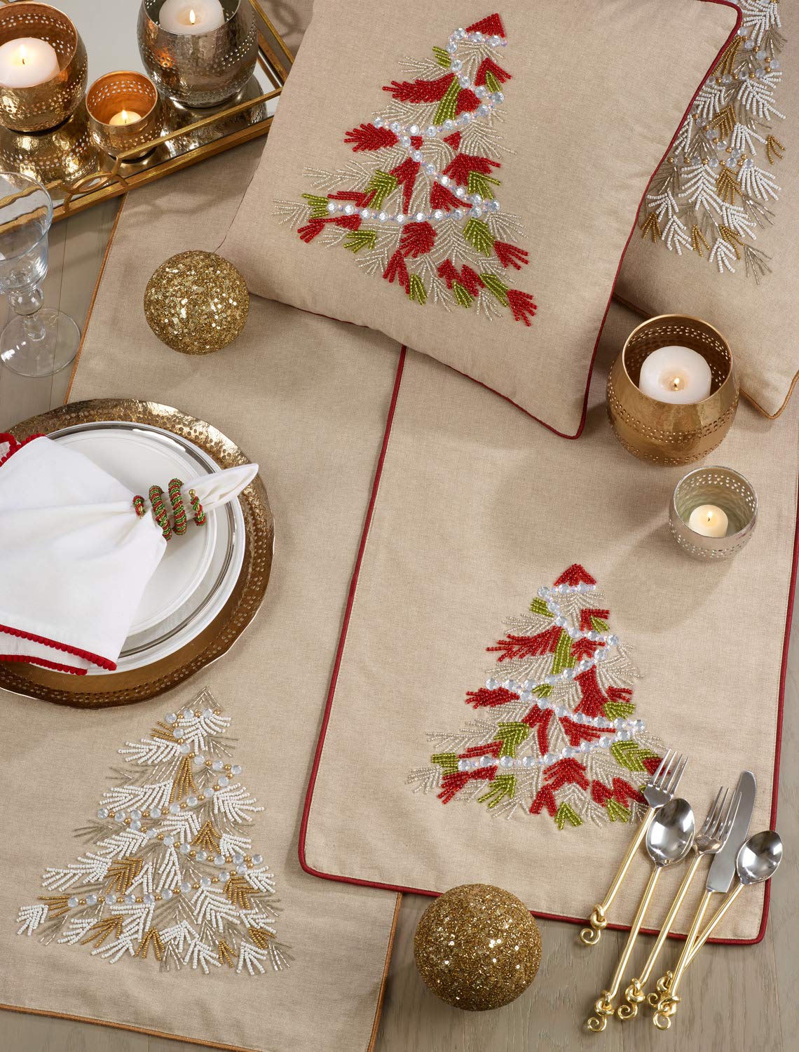 Beaded Christmas Tree Cotton Table Runner