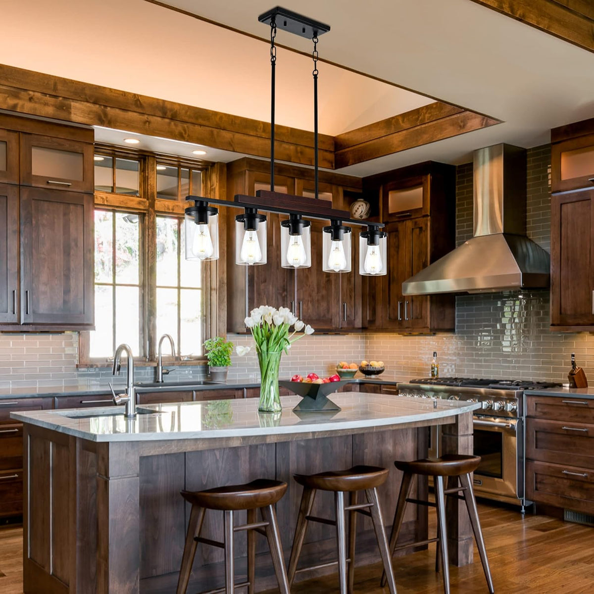 Farmhouse Rustic Wood Linear Chandelier with Clear Glass Shade