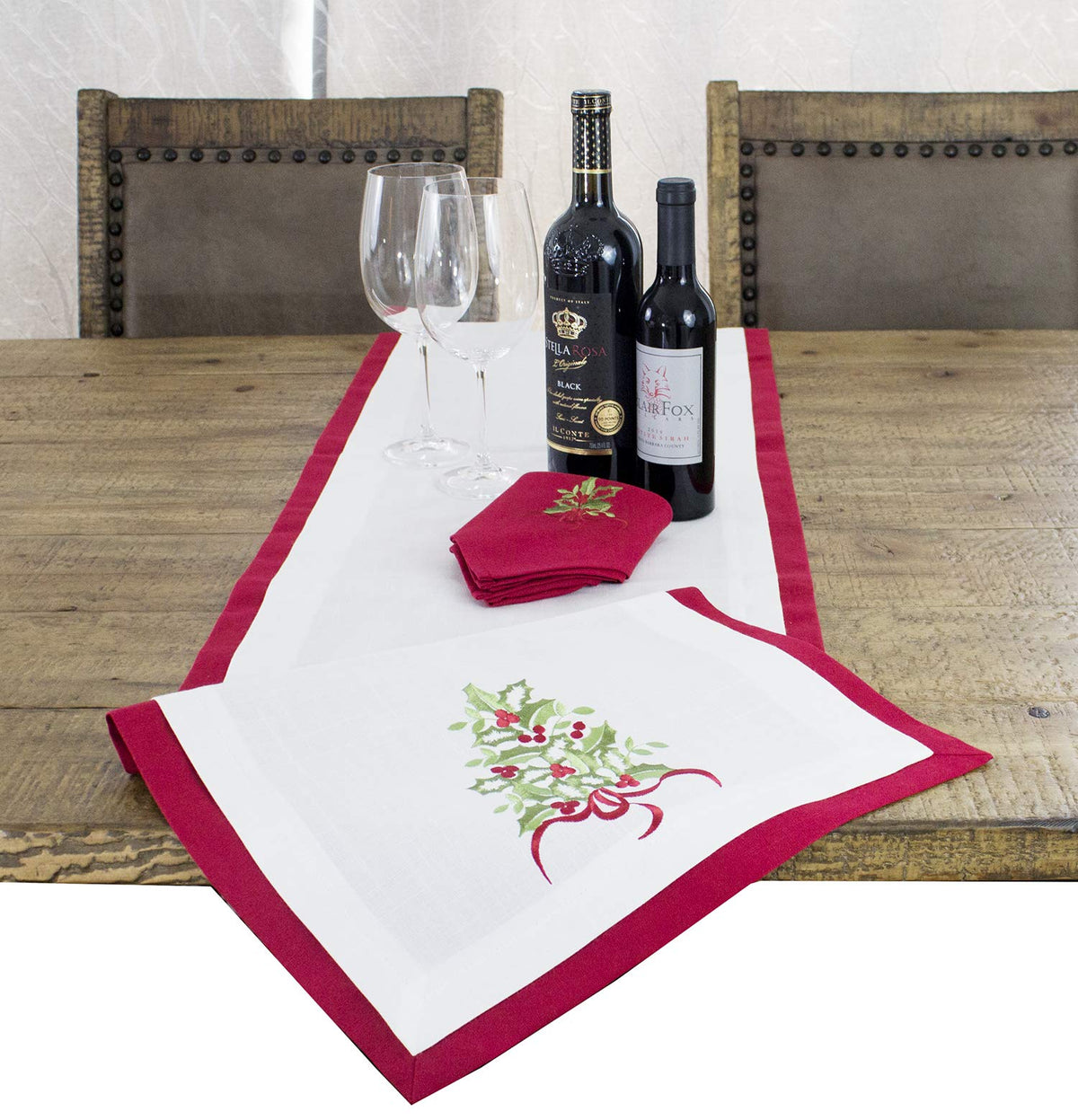 Embroidered Holly Christmas Tree Double-Layer Holiday Tablecloth