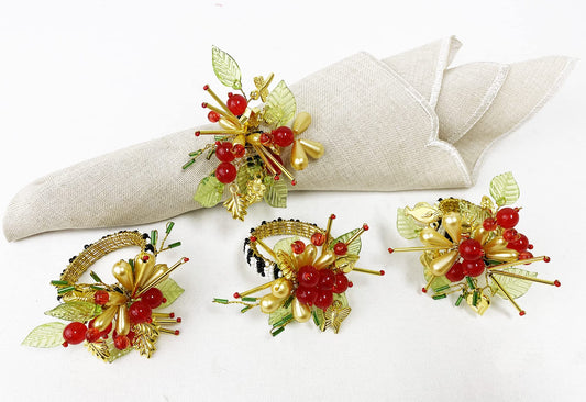 Ronds de serviette de fête à fleurs perlées à la main Fennco Styles, ensemble de 4 - Porte-serviettes festifs à perles multicolores pour la maison, la salle à manger, les banquets, les réunions de famille, la décoration de Noël et les occasions spéciales