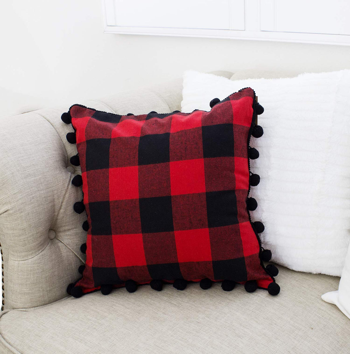 Fennco Styles Buffalo Plaid Red and Black with Pom Pom Design 17-Inch Square Decorative Throw Pillow for Holiday, Christmas, Home and Bedroom Décor