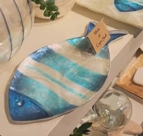Blue & White Capiz Fish Trinket Tray — Coastal Shell Dish