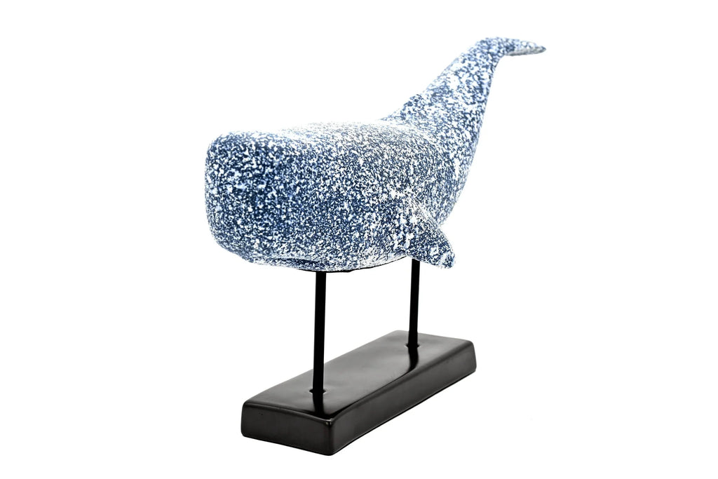 Handcrafted Coastal Blue Porcelain Whale Sculpture on Metal Stand