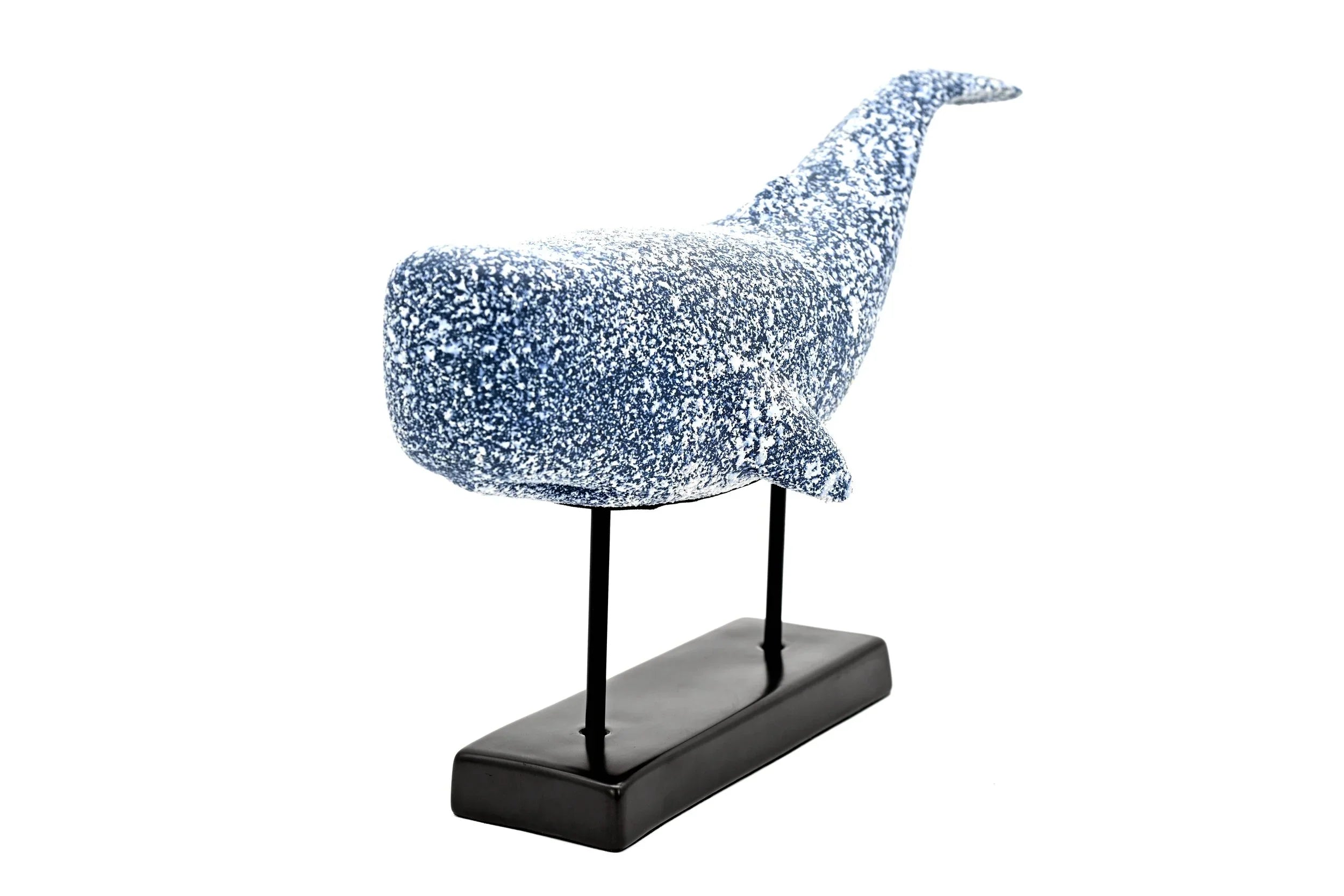 Handcrafted Coastal Blue Porcelain Whale Sculpture on Metal Stand