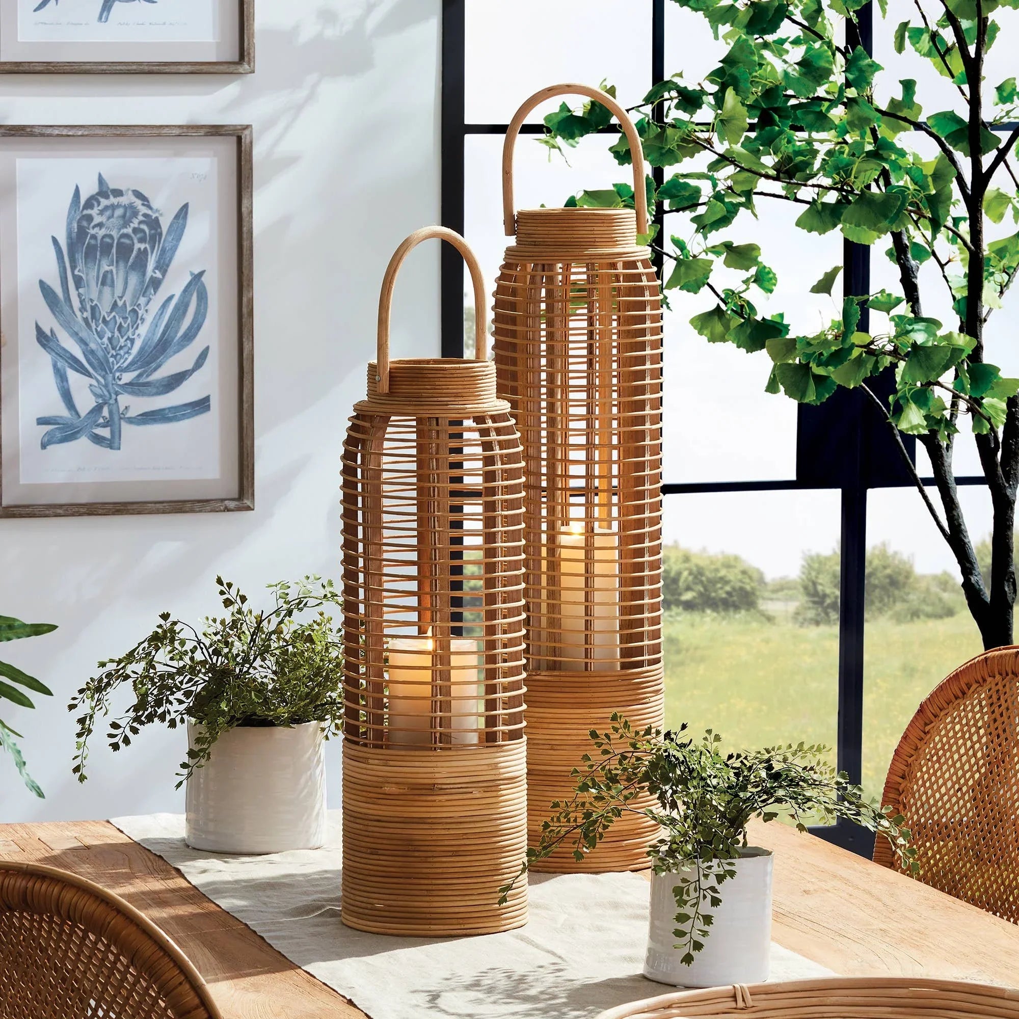 Coastal Haven Tall Rattan Lantern — Natural Finish
