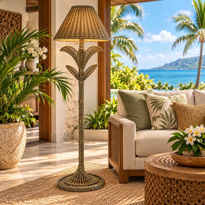 Antique Taupe Wicker Palm Floor Lamp