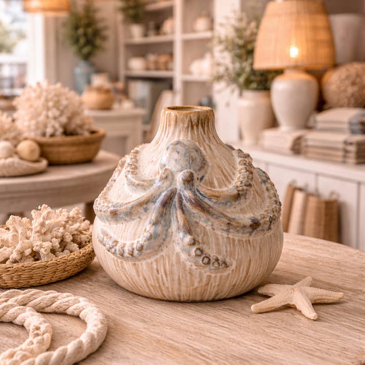 Small Cream & Ocean Blue Octopus Ceramic Vase