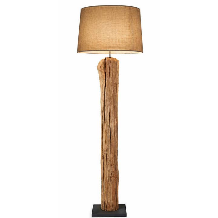 Rustic Teak Driftwood Floor Lamp Linen Shade