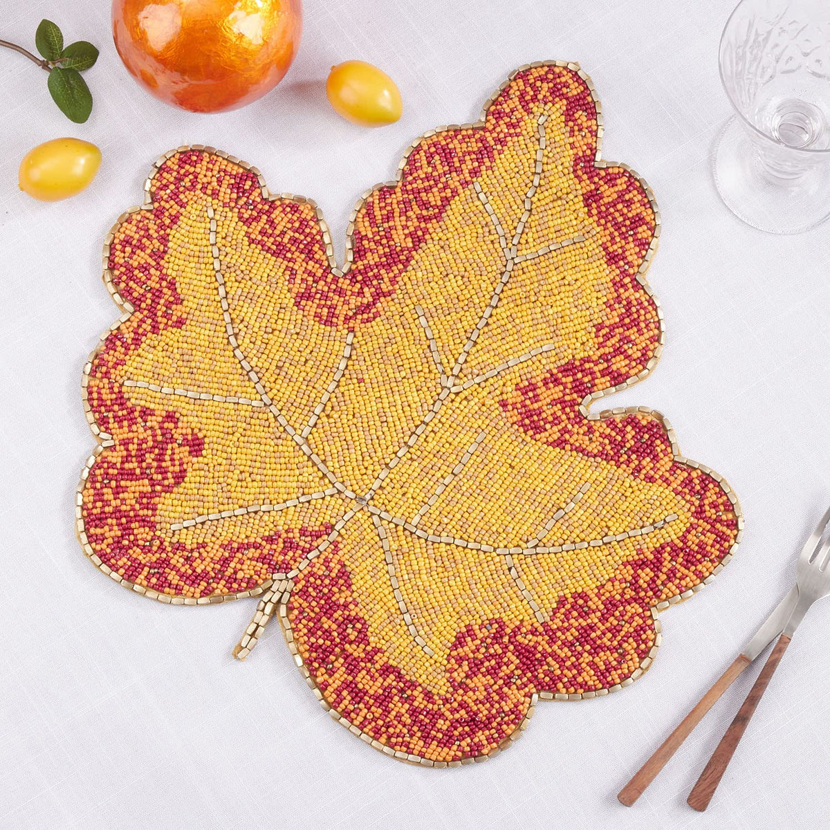 Hand Beaded Maple Leave Placemat 15" Round