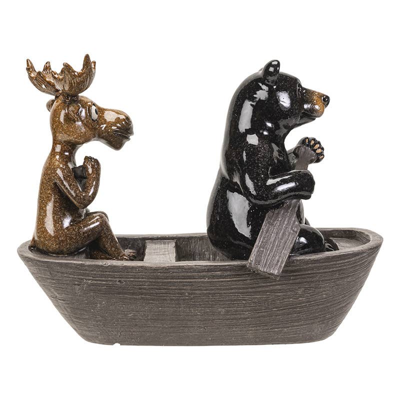 Paddle Pals – Black Bear & Moose Canoeing Figurine | Rustic Woodland Décor