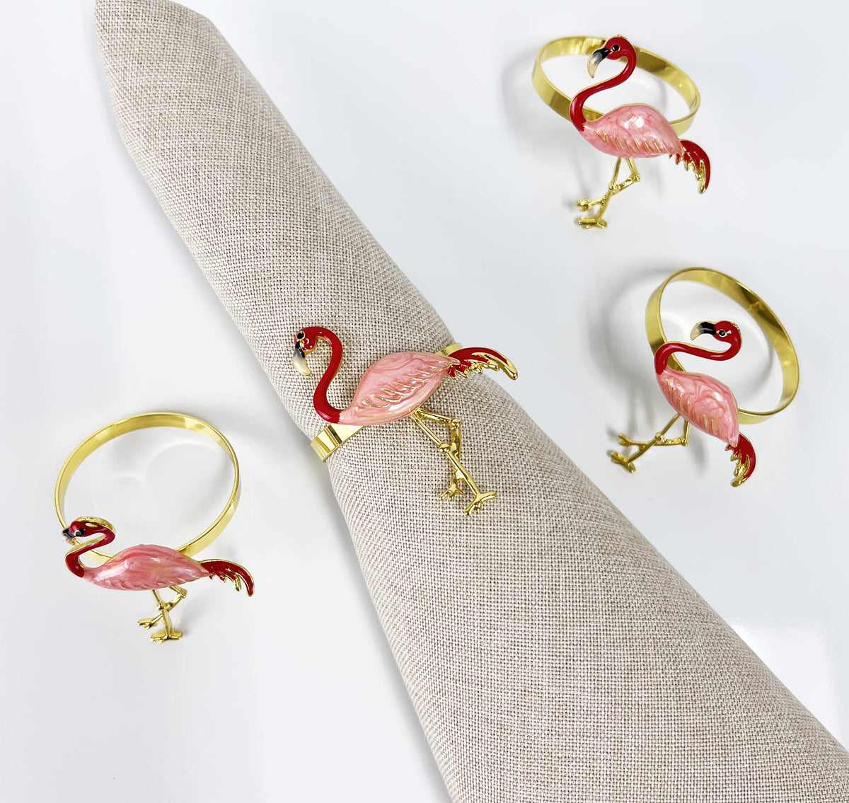 Fennco Styles Enamel Glazed Flamingo Metal Napkin Rings, Set of 4 - Beige Decorative Napkin Holders for Home, Dining Room, Banquets, Family Gatherings, Holidays and Special Occasions