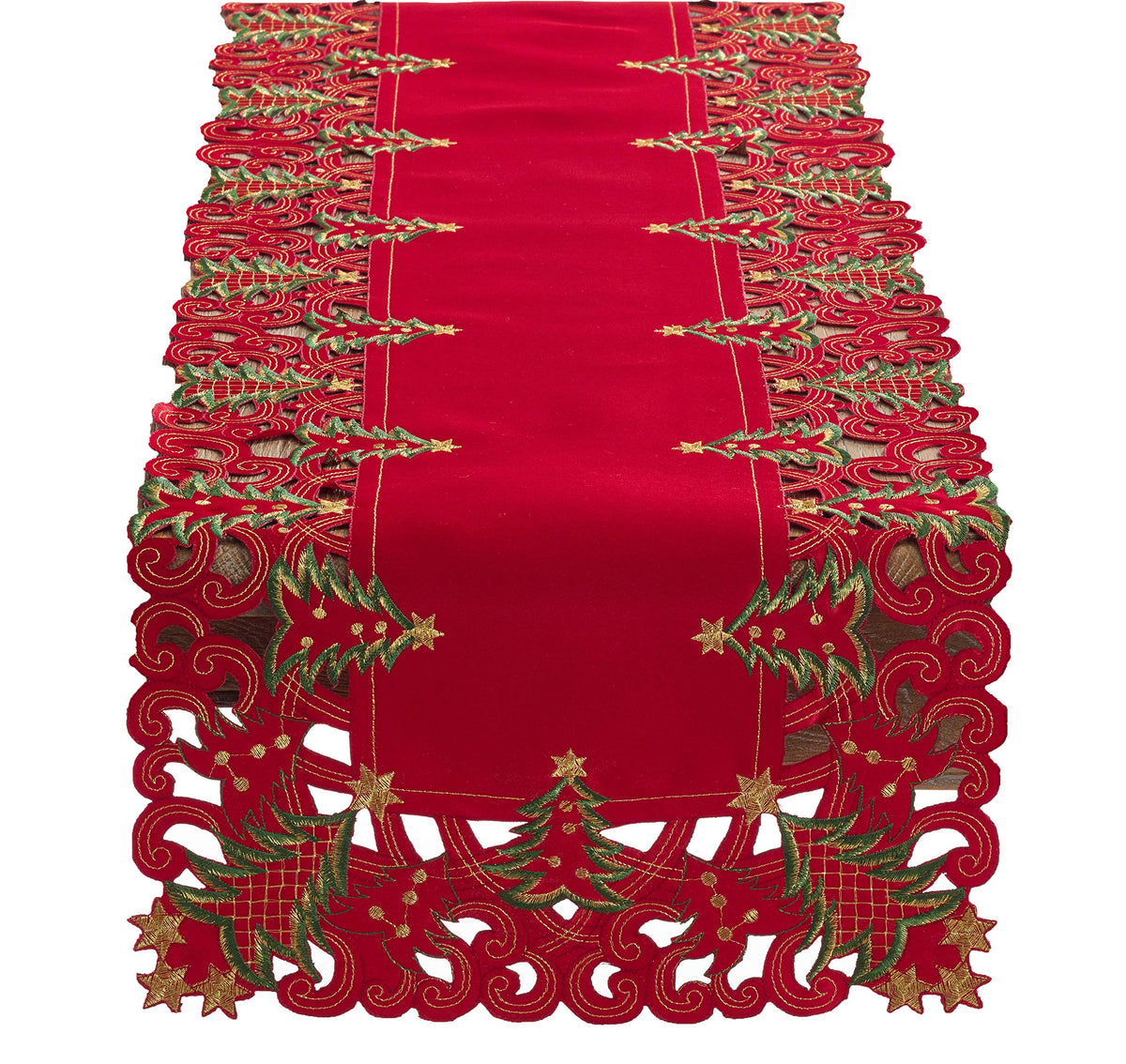 Pandoro Collection Holiday Embroidered Christmas Tree Cutwork Border Table Runner