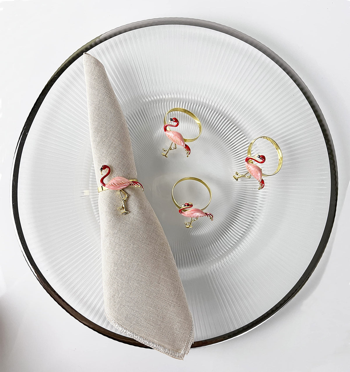 Fennco Styles Enamel Glazed Flamingo Metal Napkin Rings, Set of 4 - Beige Decorative Napkin Holders for Home, Dining Room, Banquets, Family Gatherings, Holidays and Special Occasions