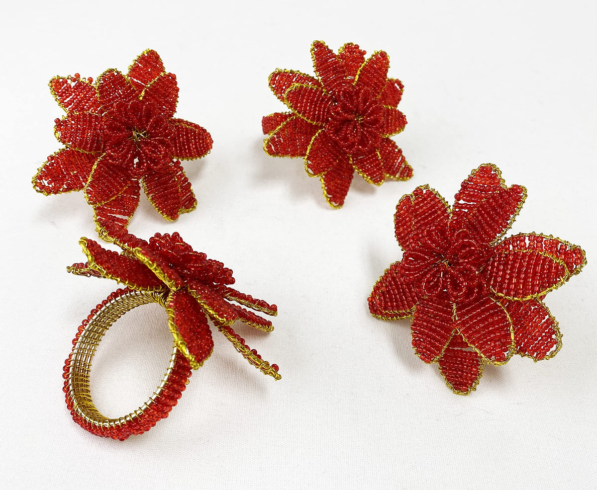 Fennco Styles Hand Beaded Christmas Poinsettia Napkin Rings, Set of 4 - Red Glass Bead Flower Napkin Holders for Home, Dining Room, Banquet, Family Gathering, Winter Holiday Décor and Special Occasion