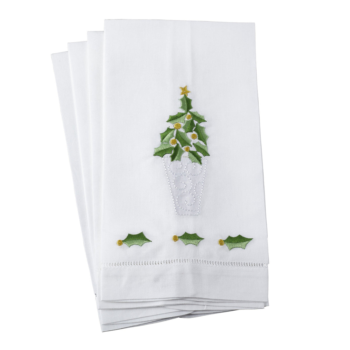 Embroidered Holly Leaf Christmas Tree Design Hemstitched Linen Cotton Guest Towels, Set of 4