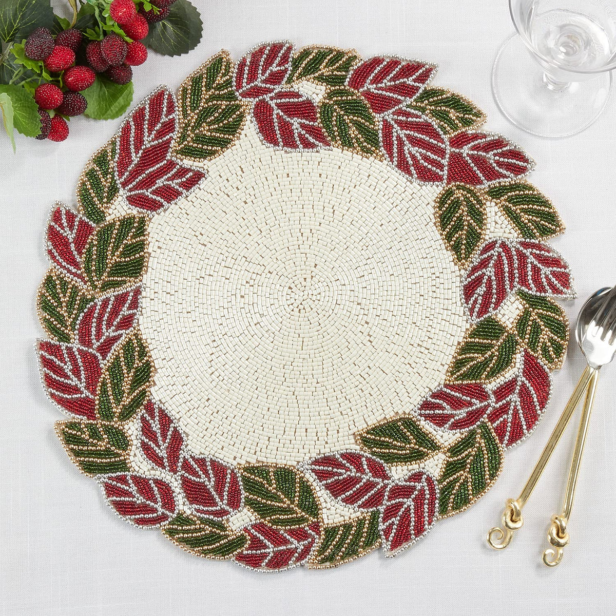 Hand Beaded Leaves Placemat 15" Round