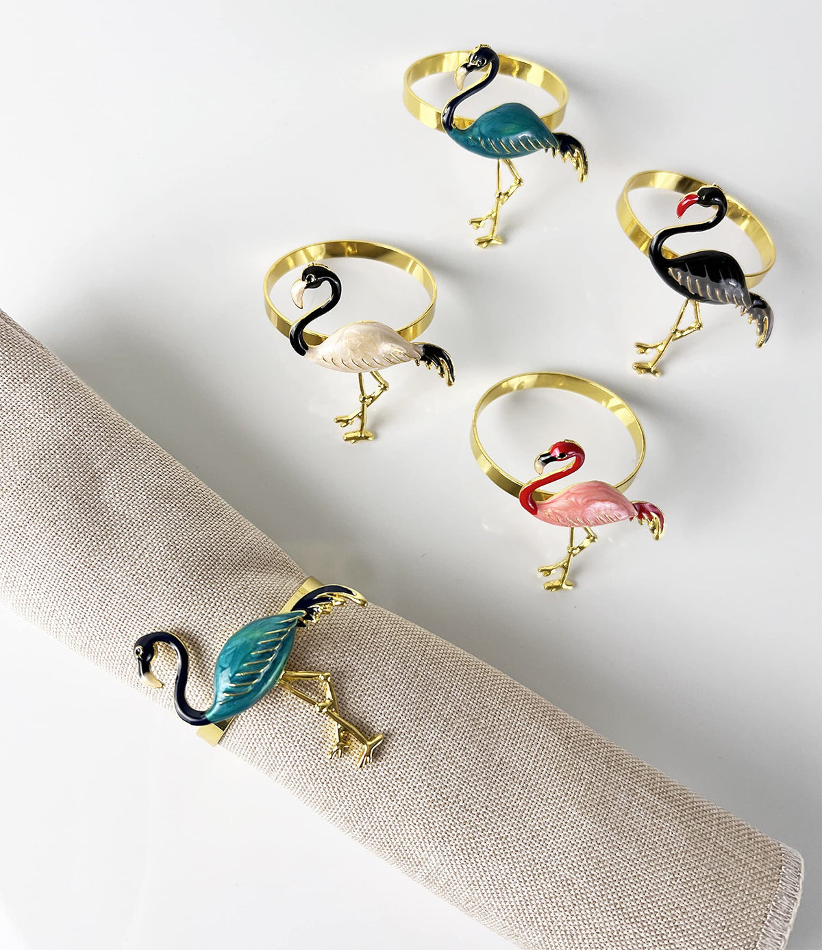 Fennco Styles Enamel Glazed Flamingo Metal Napkin Rings, Set of 4 - Beige Decorative Napkin Holders for Home, Dining Room, Banquets, Family Gatherings, Holidays and Special Occasions