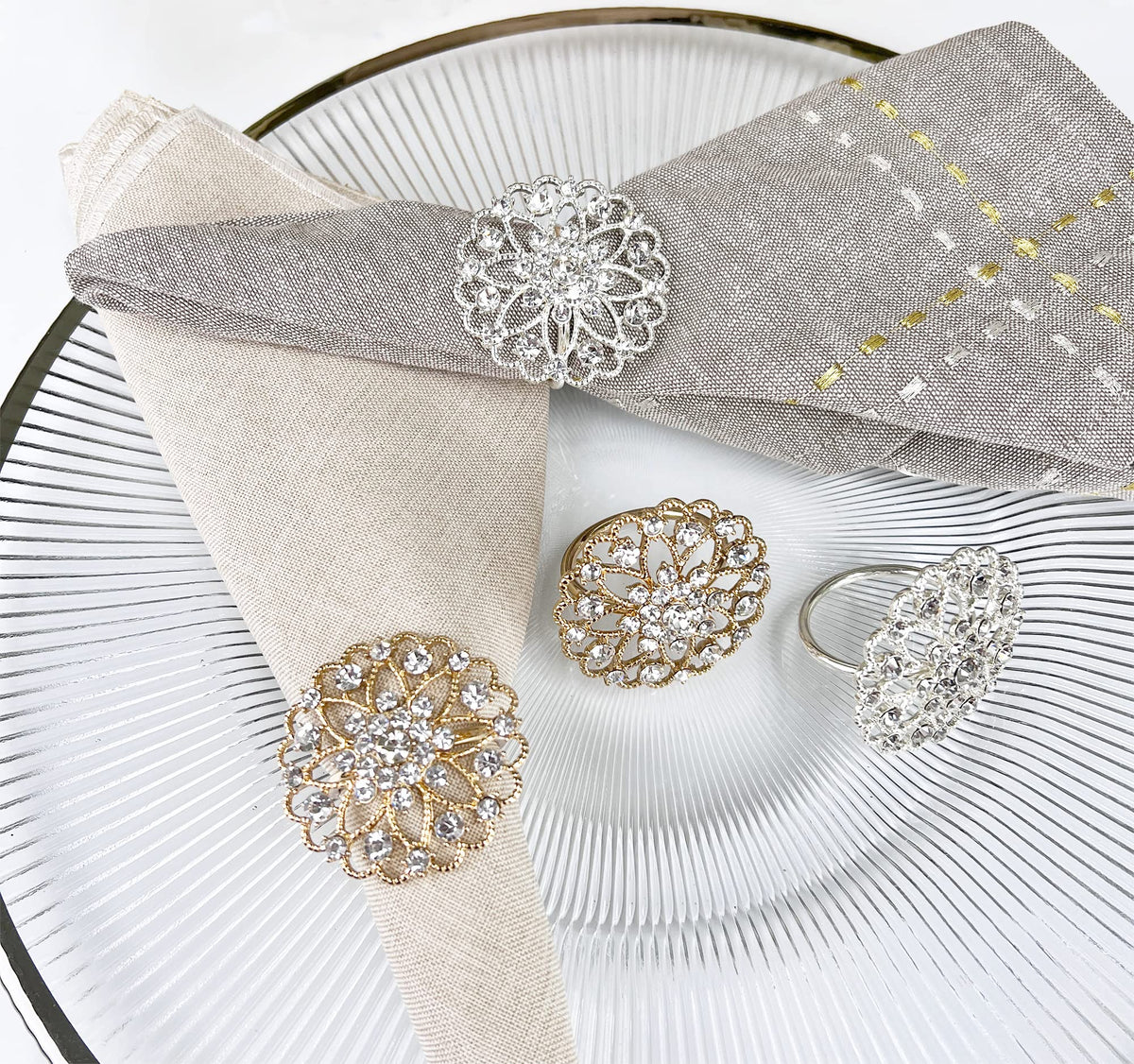 Fennco Styles Rhinestone Crystal Flower Napkin Rings Wedding Holiday Table Decoration - Set of 4