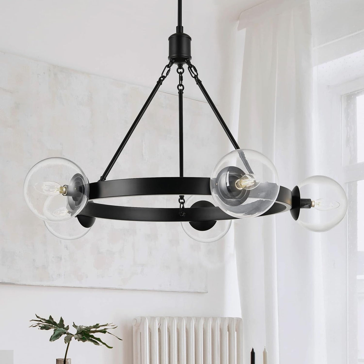 5 Light Black Globe Wagon Wheel Chandelier