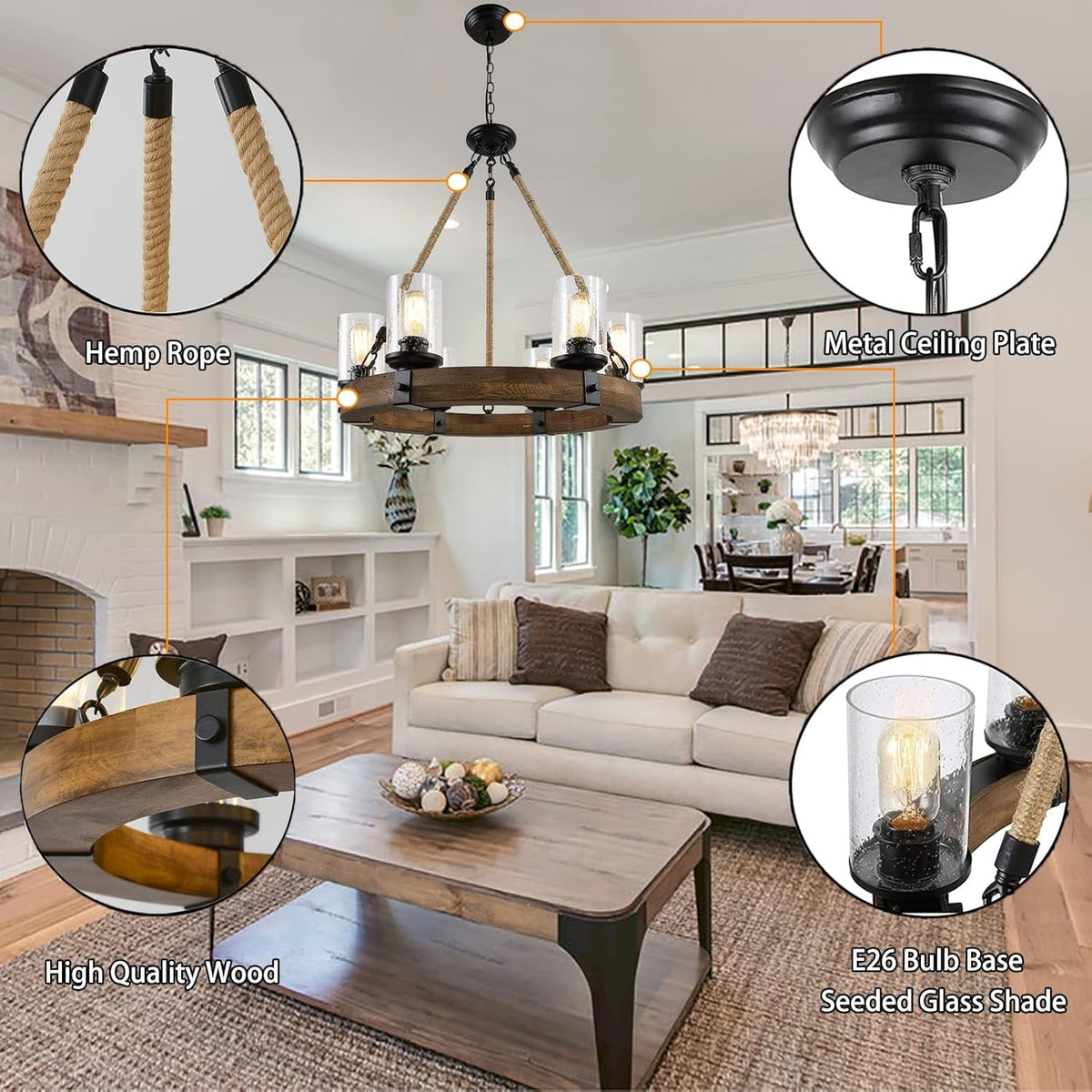 Rustic 6 Light Wagon Wheel Chandelier