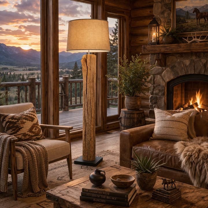 Rustic Teak Driftwood Floor Lamp Linen Shade