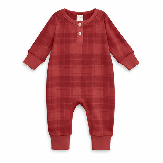 Barboteuse Henley à carreaux rouges pour bébé garçon en jersey de coton doux