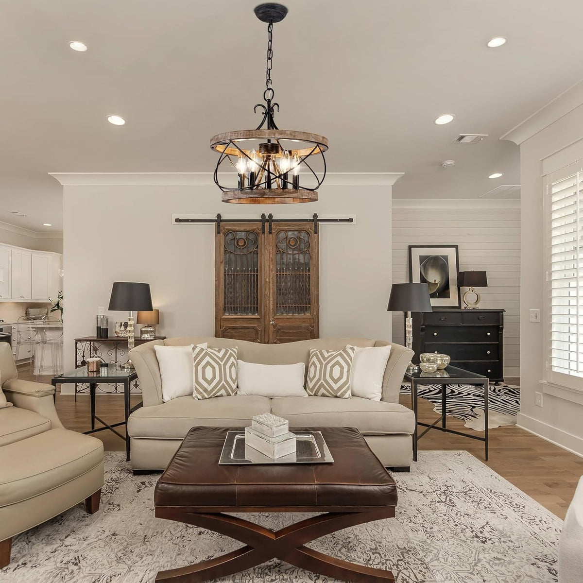 5-Light Farmhouse Drum Wood Chandelier