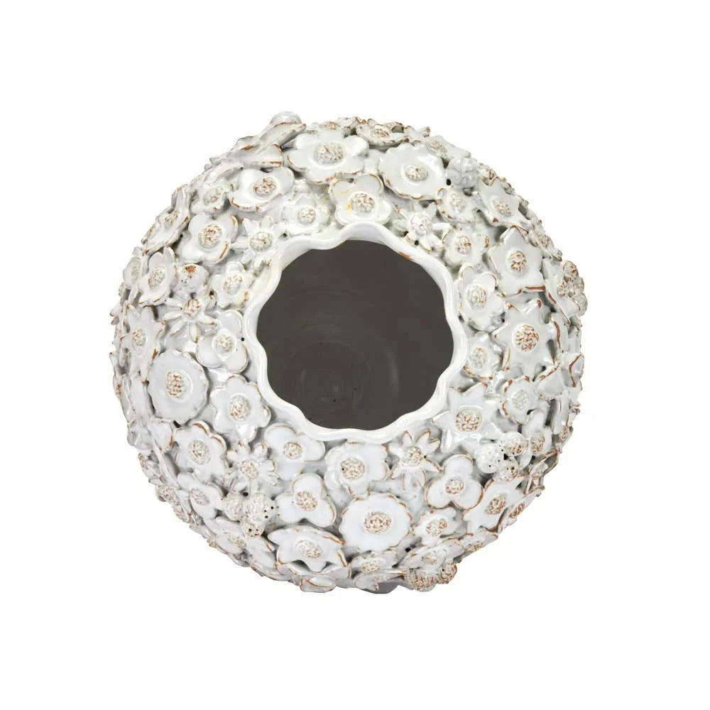 White Floral Textured Coastal Ceramic Vase