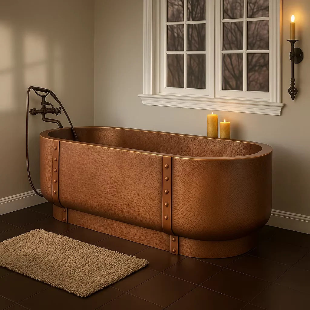 Handmade Hammered Copper Freestanding Oval Soaking Tub – Double Wall Rustic Villa Spa Design