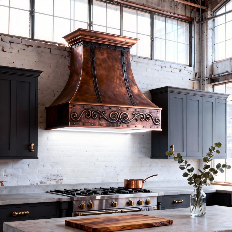 SoHo Loft–Style Custom Copper Range Hood – Handcrafted Wall-Mount Design with Black Straps