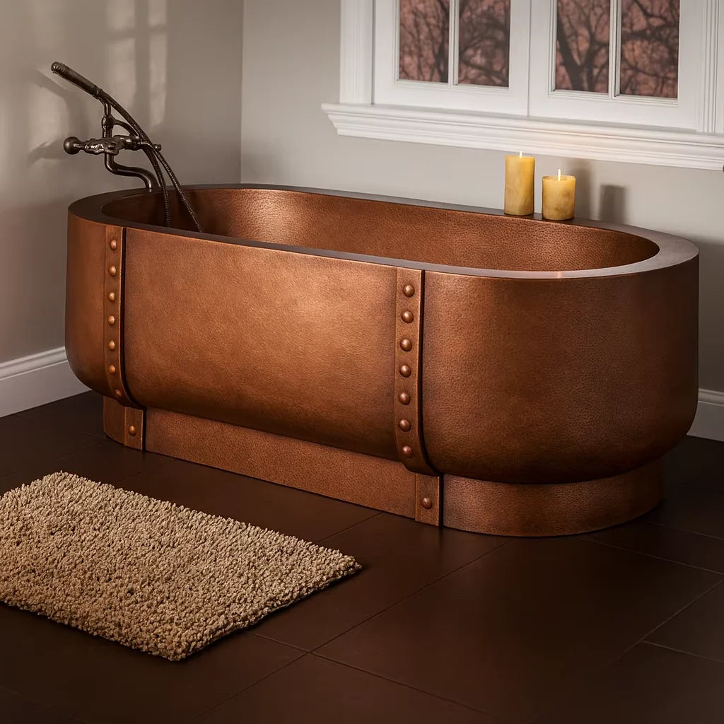Handmade Hammered Copper Freestanding Oval Soaking Tub – Double Wall Rustic Villa Spa Design