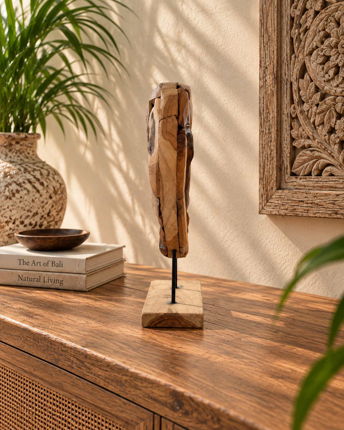 Handmade Bali Teak Heart Sculpture on Stand Small