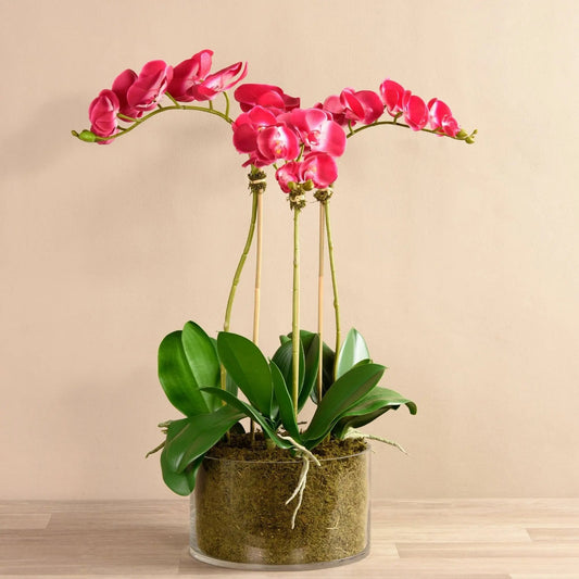 Artificial orchids in glass vase - large faux orchid centerpiece