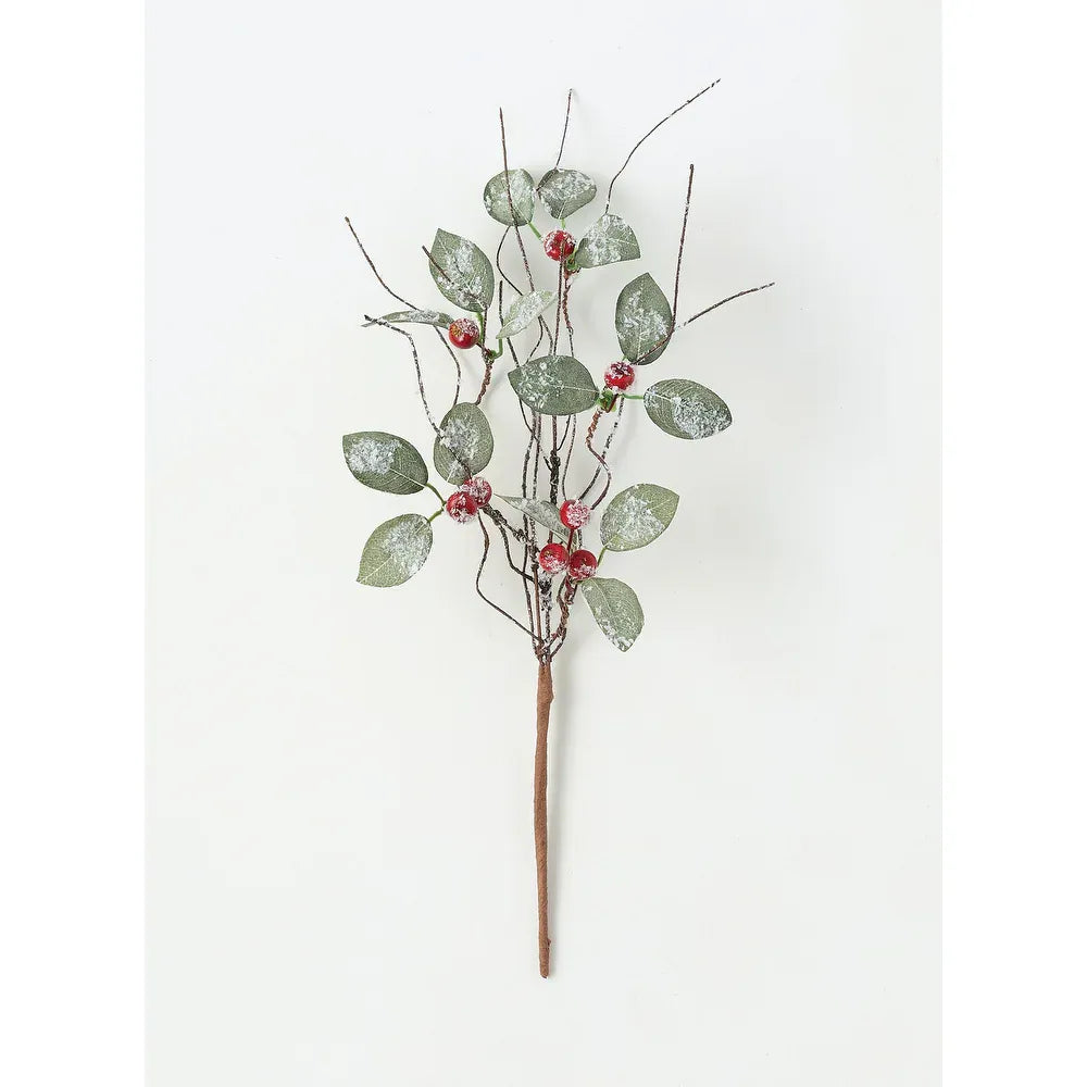 Artificial Frosted Leaves and Berry Pick – Green & Red – Realistic Faux Floral Accent