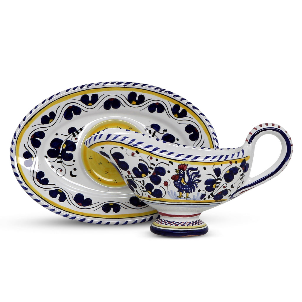 ORVIETO BLUE ROOSTER: Gravy Sauce Boat with Tray