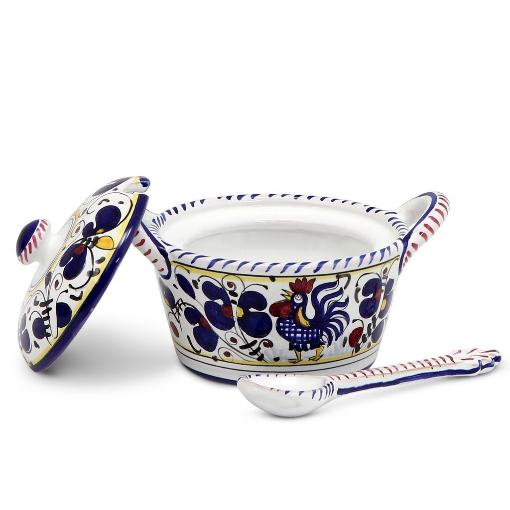 ORVIETO BLUE ROOSTER: Covered Parmesan Cheese Bowl with Spoon