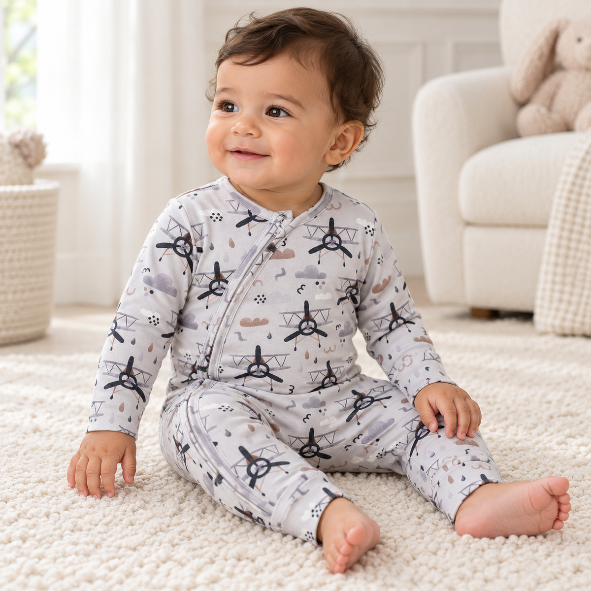 Little Aviator Bamboo Zipper Romper with Convertible Cuffs