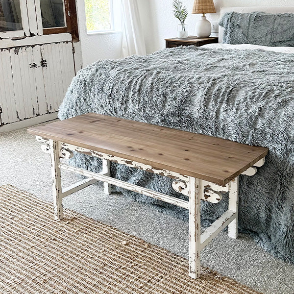 Distressed White Finish Wooden Bench