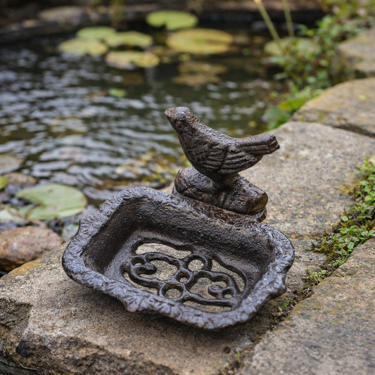 Porte-savon oiseau en fonte avec égouttoir